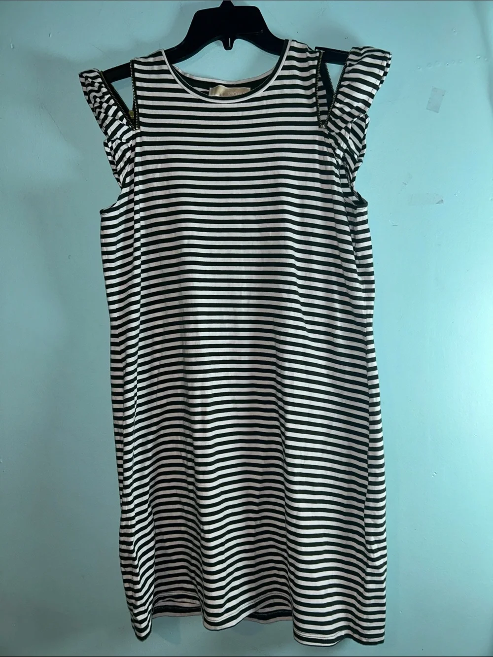 Michael Kors Black and White Striped Cold-Shoulder Dress
